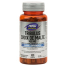 A bottle of NOW Foods Tribulus 400 mg capsules with 100 capsules inside. The label is primarily red and white and mentions the product name, dietary supplement information, and the brand's logo.