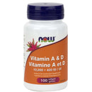 A bottle of NOW Foods Vitamin A & D softgels containing 100 capsules.