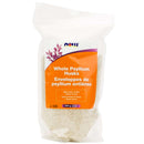 Packaging of NOW Foods Whole Psyllium Husks, showing the product in a white mesh bag with orange and white branding.