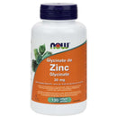 Bottle of NOW Foods Zinc (Glycinate) 30 mg softgels, containing 120 tablets for prostate health and immune function support.