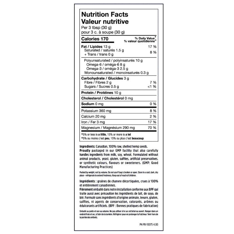 North Coast Naturals Raw Hemp Seed Hearts (454 g) supplement facts of ingredients. 100% Raw Hemp Seed Hearts are a good source of protein, fiber, omega-3 & 6 EFAs, magnesium & energy.