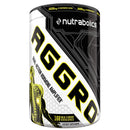 A container of Nutrabolics AGGRO supplement, which is black and yellow with text and branding, indicating it contains 168 Vcaps for muscle growth and performance.