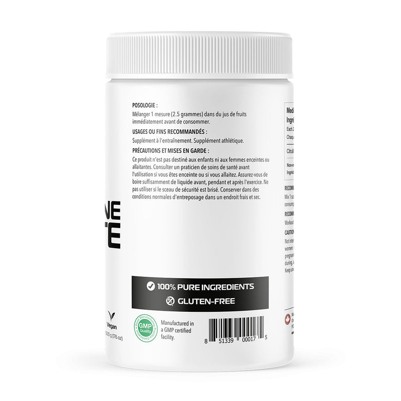 One Brand Nutrition L-Citrulline Malate Powder (500 g) side panel with directions french. Supplementing with citrulline is a more effective way to raise arginine levels and enhance nitric oxide (NO).