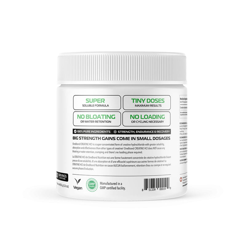 One Brand Nutrition Pure Creatine HCl Powder (200 Servings) back label. OneBrands Pure Unflavoured Creatine HCl is the cleanest form of Creatine hydrochloride on the Canadian market with the greatest absorption and effectiveness compared to all other forms of Creatine.