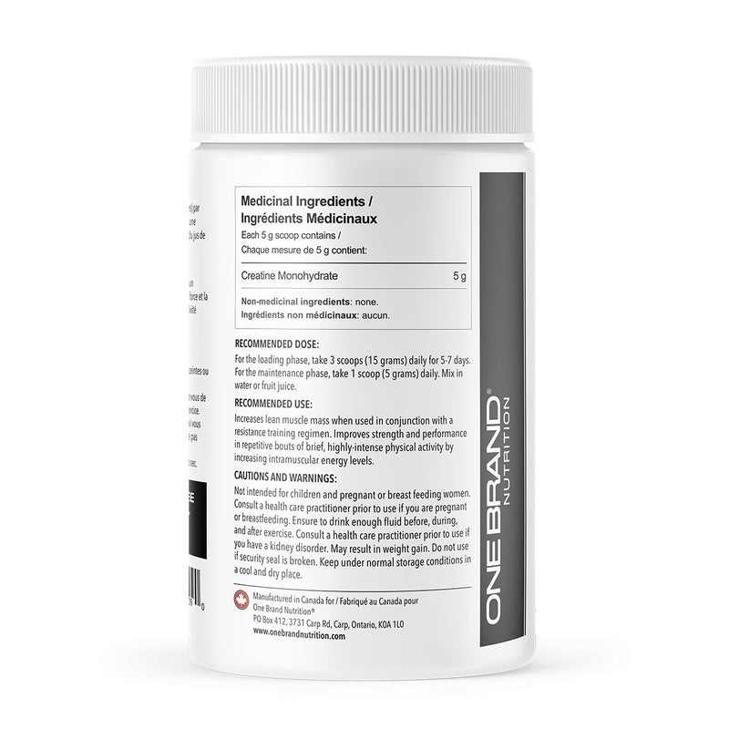 One Brand Nutrition Creatine Monohydrate (500 g) side label with ingredients. Creatine can lead to a gains in lean muscle mass, improve workout performance, enhances strength and power.