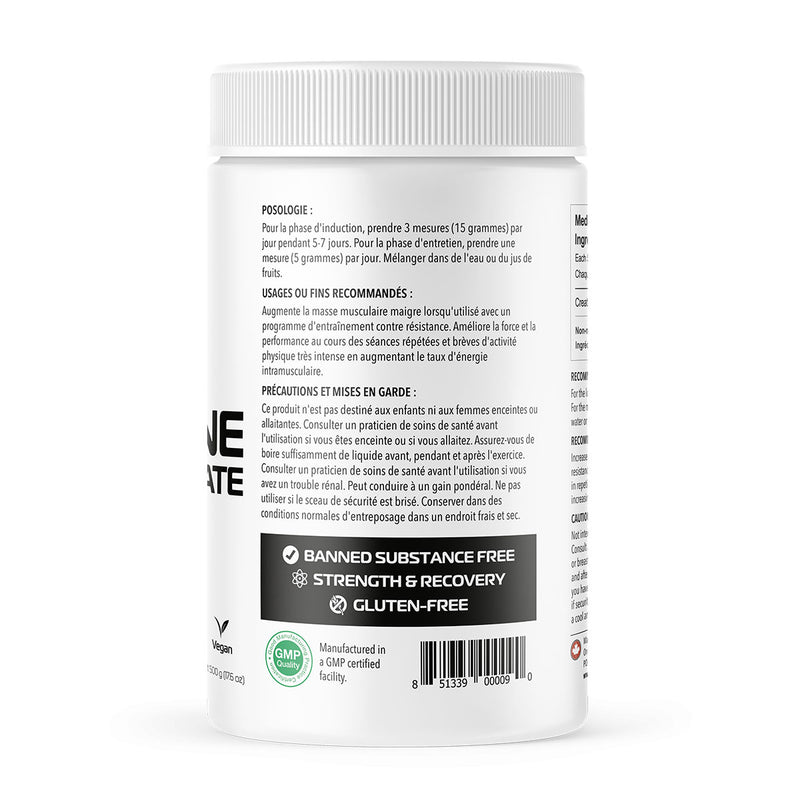 One Brand Nutrition Creatine Monohydrate (500 g) ingredients side label french. Creatine can lead to a gains in lean muscle mass, improve workout performance, enhances strength and power.