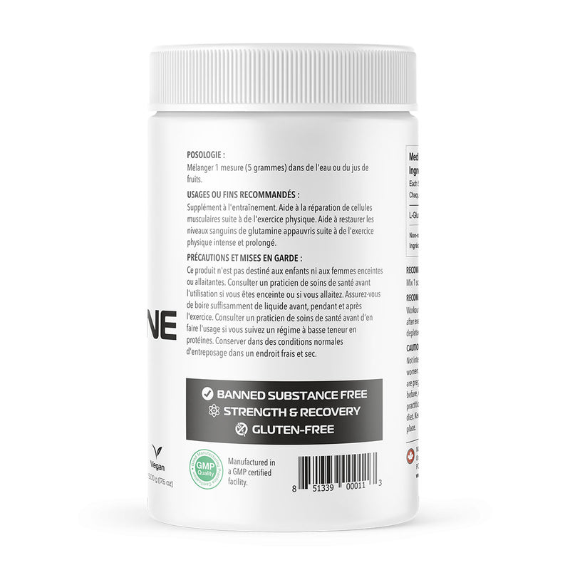 One Brand Nutrition L-Glutamine Powder(500 g) side labels with french instructions. L-Glutamine plays a very important role in protein metabolism, cell volumization, and the decreasing of muscle breakdown.