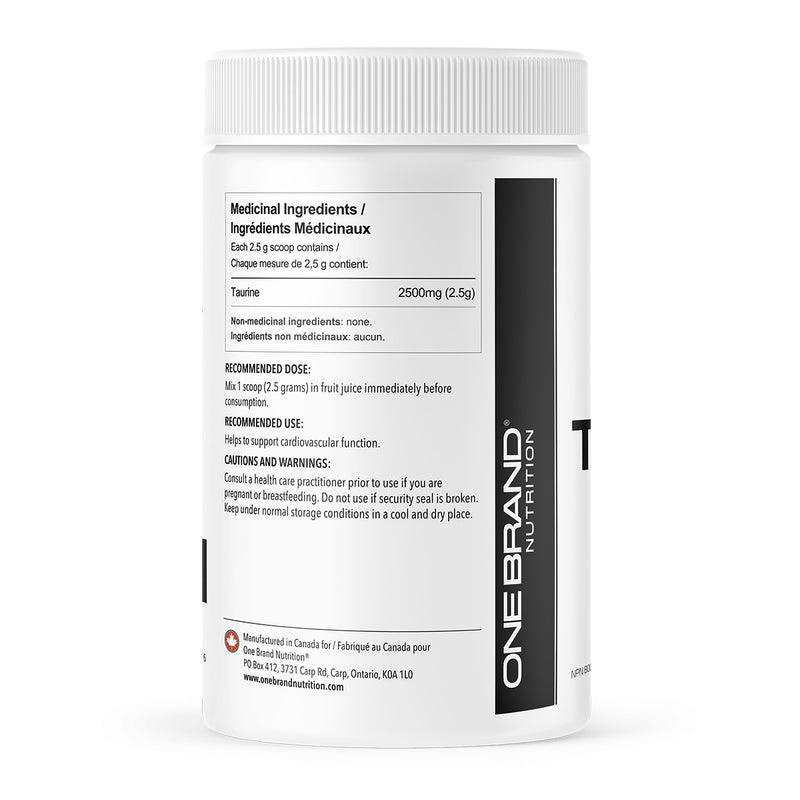 One Brand Nutrition 100% Pure Taurine Powder (500 g) L-Taurine side label with ingredients. Taurine helps increase physical stamina and improve athletic performance.