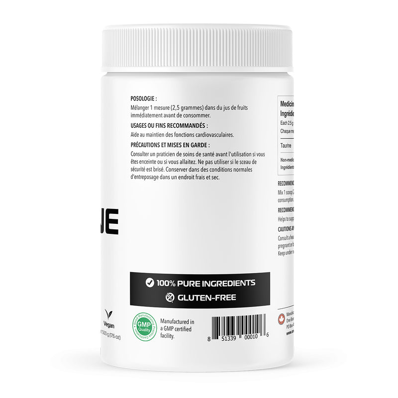 One Brand Nutrition 100% Pure Taurine Powder (500 g) L-Taurine back label with instructions. Taurine helps increase physical stamina and improve athletic performance.