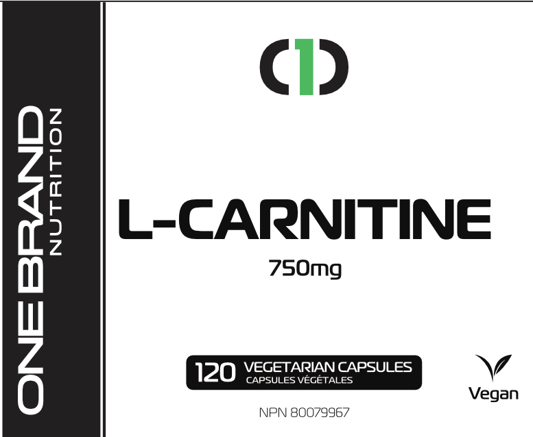 One Brand Nutrition L-Carnitine 750 mg (120 caps) front label. Helps with weight loss and fat burning. Helps to target troubled areas in weight loss.