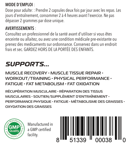 One Brand Nutrition L-Carnitine 750 mg (120 caps) french directions. Helps with weight loss and fat burning. Helps to target troubled areas in weight loss.