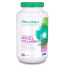 A bottle of Organika BioCell Collagen Supreme HA-300 capsules with 180 capsules visible. The label is white with green and pink accents, and it is presented as a health and wellness product for joint and skin care.