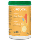 A container of Organika Chicken Bone Broth Powder in Original Flavour with a green lid on a white background.