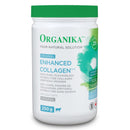A container of Organika Enhanced Collagen, which is a white powder in a green and white branded container.