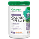 A container of Organika Full Spectrum Collagen Type 1,2,3 with a green and white label, indicating a bone broth flavor, 250g weight, and various health benefits such as joint and skin support.