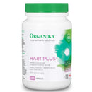 A bottle of Organika Health Hair Plus supplement with 120 capsules. The label is white with green and blue accents, and it is titled 'HAIR PLUS' with subtext stating the benefits for hair health.