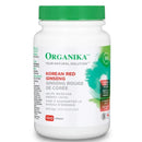 A bottle of Organika Korean Red Ginseng 500 mg with 100 capsules. The label is predominantly white with green and red accents, and it is marketed as a natural health product to boost energy and support overall well-being.