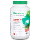 A bottle of Organika Korean Red Ginseng 500 mg with 200 capsules. The label is predominantly white with green and red accents, and it's marketed as a natural health product to enhance energy and support overall well-being.