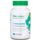 A bottle of Organika L-Theanine 225 mg which contains 90 vegetarian capsules, designed to promote relaxation and healthy mood balance.