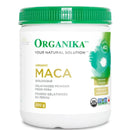 A container of Organika Health Maca Powder (200 g), with green and white label, gelatinized powder from Peru, with various health benefits claimed on the label.
