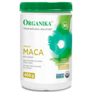 A container of Organika Health Maca Powder (400 g), with a green and white label, gelatinized powder from Peru, with various health benefits highlighted.