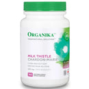 A bottle of Organika Health Milk Thistle supplement with 180 Vcaps. The label shows the product name and mentions it is for liver health support.
