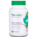A bottle of Organika Health Milk Thistle supplement with 90 Vcaps. The label shows the product name and mentions it is a liver protectant.