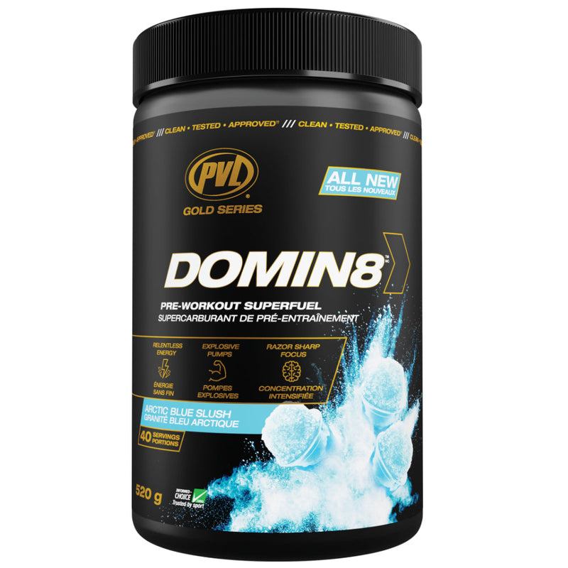 Buy Now! Pure Vita Labs DOMIN8 Pre-Workout (40 servings) Arctic Blue Slush. A research driven complex of 8 mission critical ingredients, fully loaded to deliver euphoric energy & focus that sets a new standard.