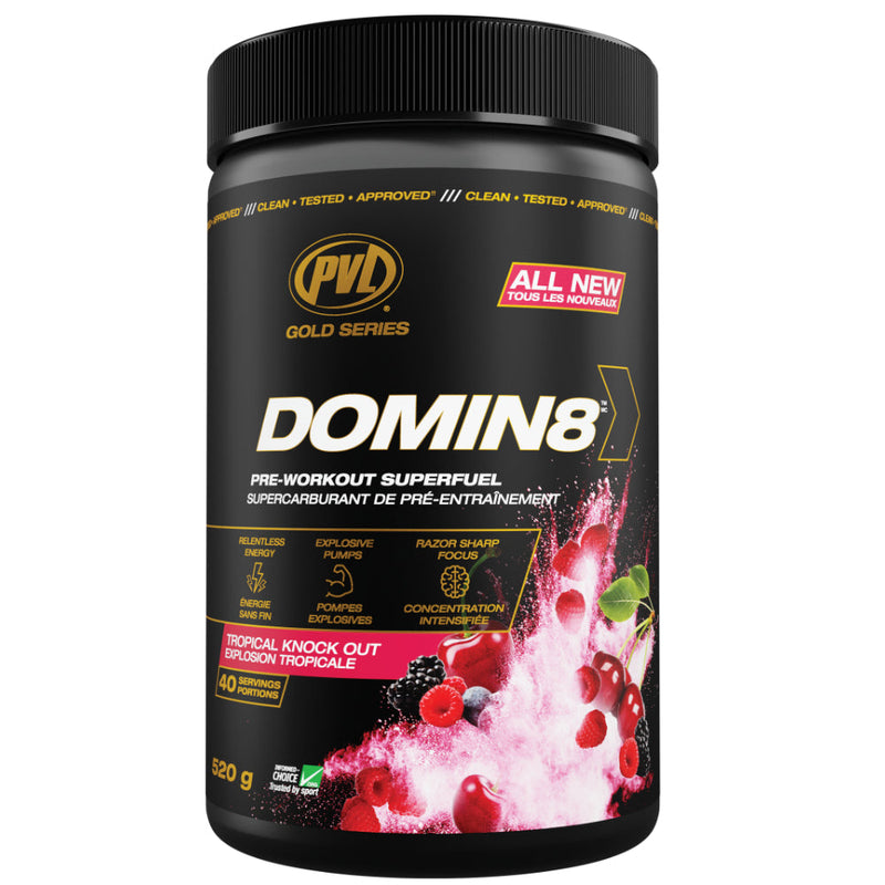 Buy Now! Pure Vita Labs DOMIN8 Pre-Workout (40 servings) Tropical Knock Out. PVL's research driven complex of 8 mission critical ingredients, fully loaded to deliver euphoric energy & focus that sets a new standard.