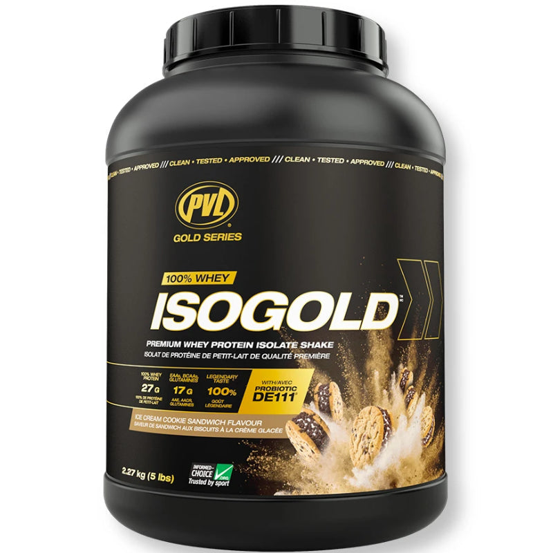 Buy Now! PVL Pure Vita Labs ISOGOLD (5 lb) Ice Cream Cookie Sandwich. ISOGOLD is the premium isolated whey protein with 27 g of Protein Per Serving & 6 g Naturally Occurring BCAAs.