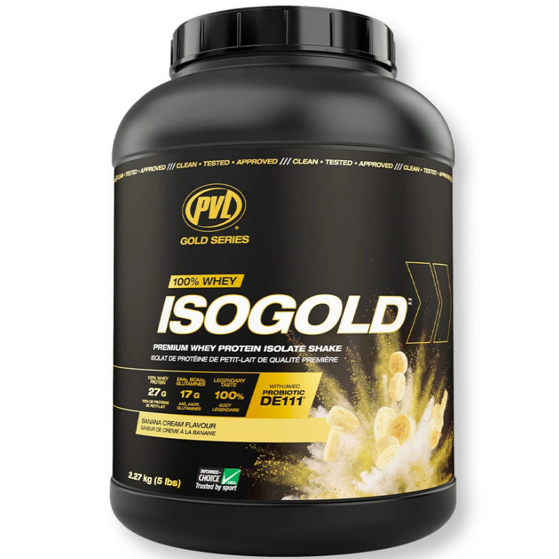 Buy Now! PVL Pure Vita Labs ISOGOLD (5 lb) Banana Cream. ISOGOLD is the premium isolated whey protein with 27 g of Protein Per Serving & 6 g Naturally Occurring BCAAs.