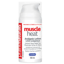 Prairie Naturals Muscle Heat analgesic lotion in a white pump bottle with red and green text detailing the product name and benefits.