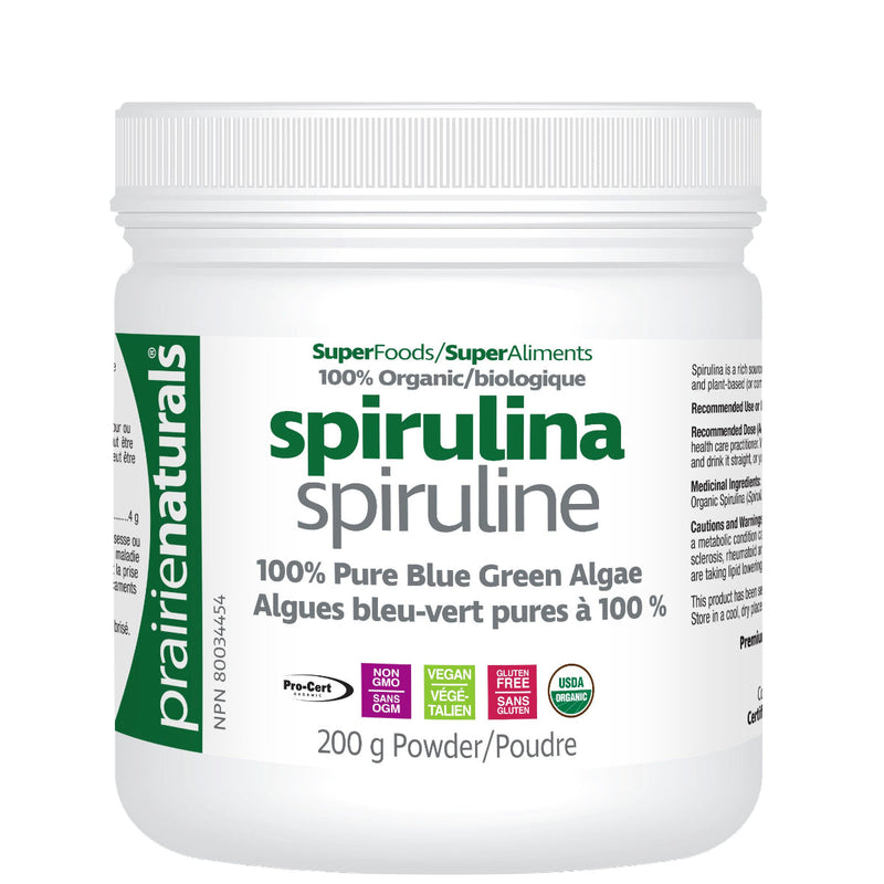 Buy Now! Prairie Naturals Spirulina Powder Organia (200 g). Proven Fat-fighter. Effective Anti-inflammatory These tiny, single-celled fresh-water micro algae contain an impressive 60% protein content! Researchers have found that spirulina intake reduces blood cholesterol and inflammation.