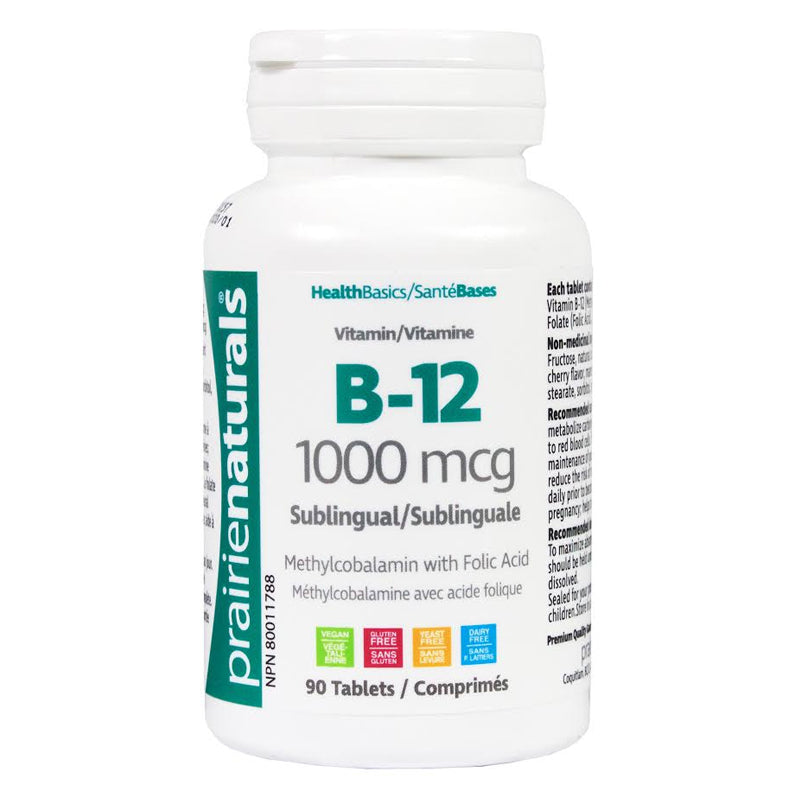 Buy Now! Prairie Naturals Vitamin B-12 1000 mcg with Folic Acid (90 B12 Sublingual Tabs) | bottle image