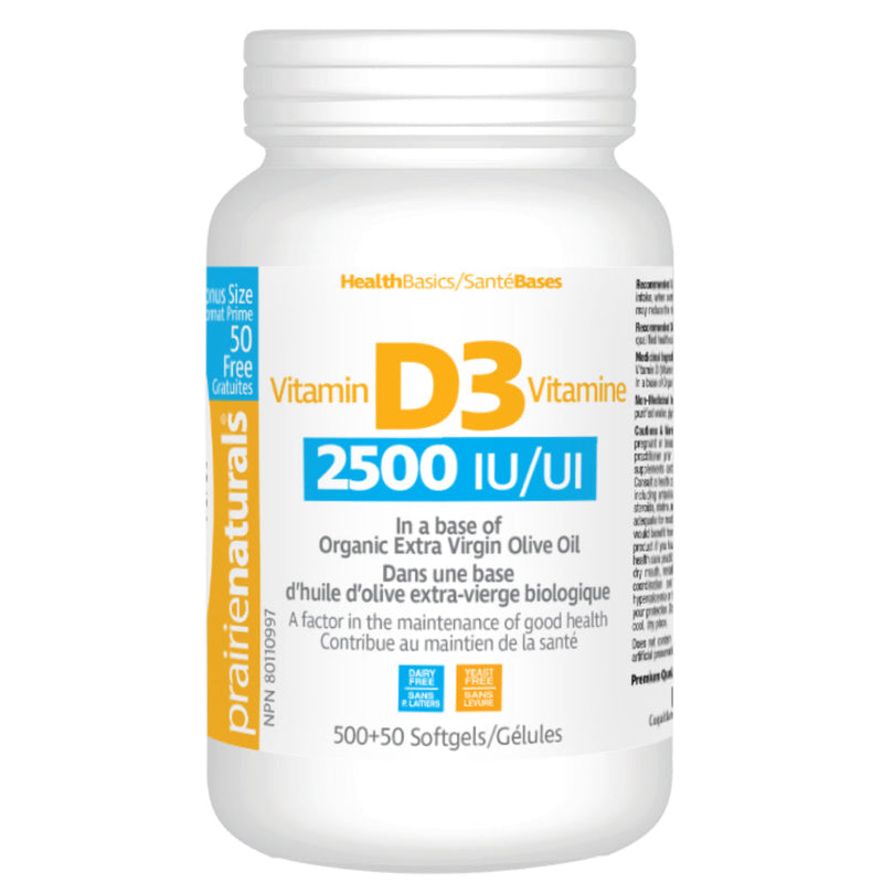 Buy Now! Prairie Naturals Vitamin D3 2500IU (550 softgels). Vitamin D not only helps strengthen bones; Vitamin D also protects against dementia, depression, diabetes, obesity, certain cancers and MS.