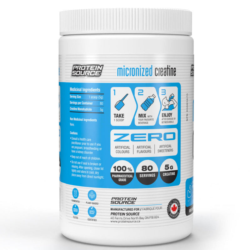 Buy Now! Protein Source Micronized Creatine Monohydrate (400 g) supplement facts of ingredients. Creatine has been shown to increase maximal strength and endurance.