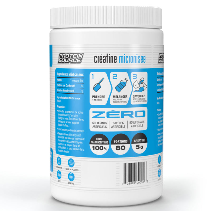 Protein Source Micronized Creatine Monohydrate (400 g) french instructions. Creatine has been shown to increase maximal strength and endurance.