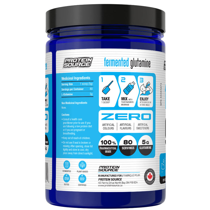 Protein Source Glutamine (400 g) supplement facts of ingredients and directions of use. L-Glutamine helps repair muscle cells, Improve immune function & supports gut health.