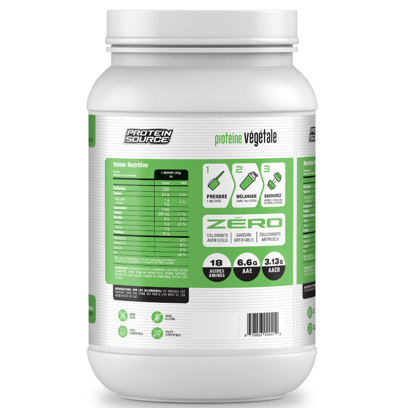 Protein Source Plant Protein (2 lbs) french supplement facts of ingredients. Plant Protein is a 100% plant-based protein powder made up of 2 high quality vegan proteins Fermented Pea & fermented Rice Protein. 