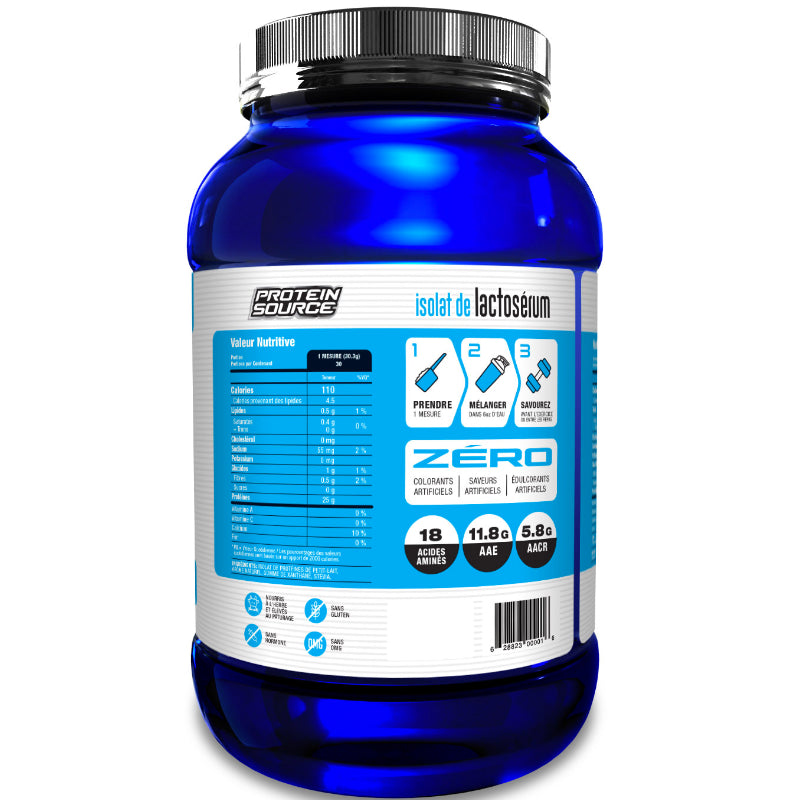 Protein Source Whey Isolate (2 lbs) french supplement facts of ingredients. Protein Source Whey Protein is a convenient and great tasting option for individuals who are wanting to add more protein to their diet.