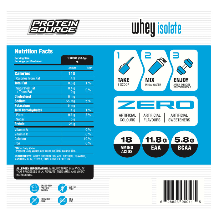 Protein Source Whey Isolate (5 lbs) Supplement facts of ingredients. Whey Protein is the ideal option for vegetarians and individuals with gluten intolerance.