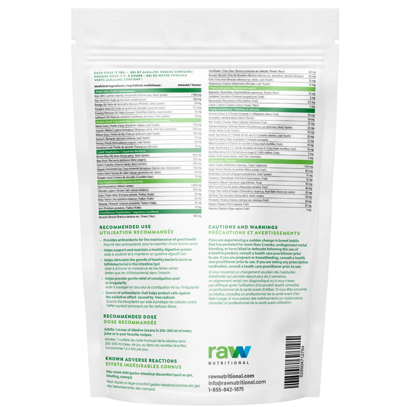 Raw Nutritional Alkaline Greens Powder (240 g) supplement facts of ingredients. Alkaline Greens is 100% raw and organically produced. It contains some of the best, nutrient-rich and rarest herbs, plants and grasses