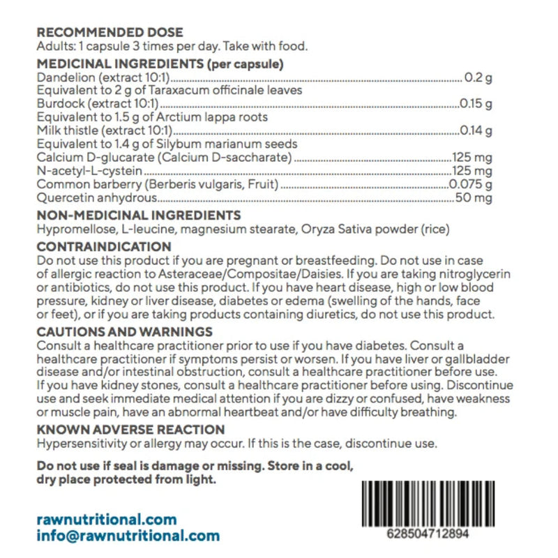 Raw Nutritional Liver Care (90 Vegi-Caps) supplement facts of ingredients. Support a good liver and gallbladder health with Liver Care.