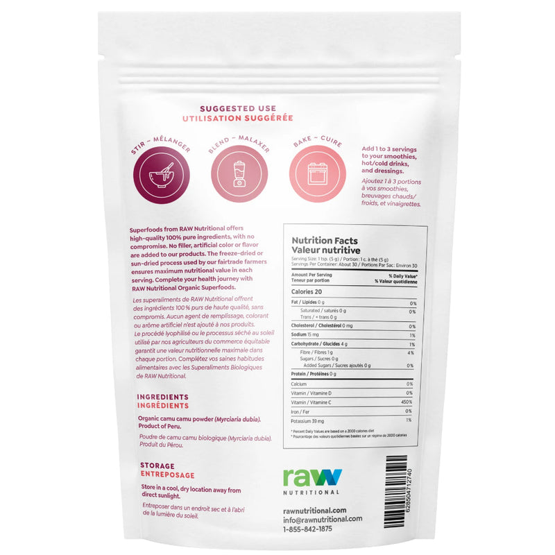 Raw Nutritional Pure Organic Camu Camu Powder (150 g) supplement facts of ingredients. It’s an excellent vitamin C source, up to 20 to 30 times more than a kiwi and 50 times more than an orange.