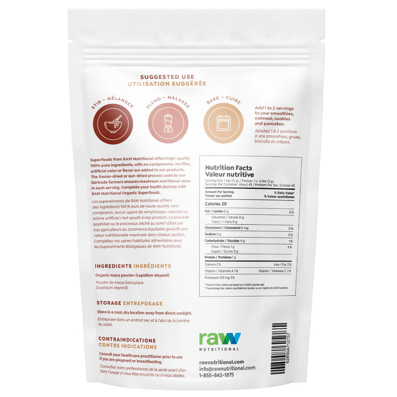 Raw Nutritional Pure Organic Maca Powder (225 g) supplement facts of ingredients. Maca naturally supports your body to improve vitality, stamina, energy, skin appearances and much more.