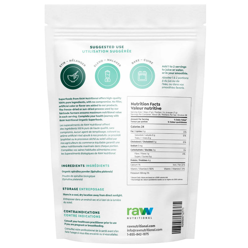Raw Nutritional Pure Organic Spirulina Powder (200 g) supplement facts of ingredients. Spirulina is considered the most nutrient-dense food on the planet. Its nutritional profile is complex and contains proteins, carbohydrates, fats, vitamins, and minerals.