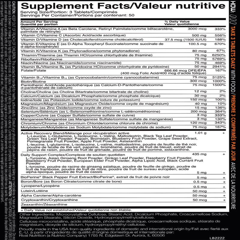 Rival Nutrition Rival Men Multivitamin (150 tablets) supplement facts of ingredients. Packed with over 50 active ingredients including 13 vitamins, 11 minerals, essential amino acids, phyto-functional extracts, and digestive enzymes. 