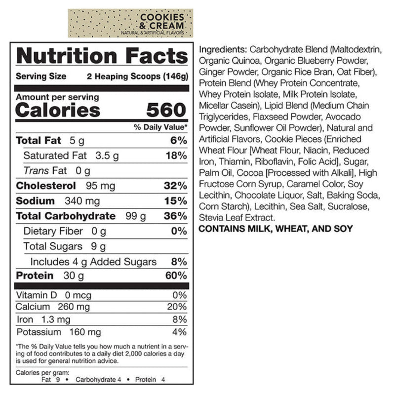 Rival Nutrition Clean Gainer (10 lb) Cookies & Cream Supplement facts. CLEAN GAINER has been formulated to provide a quality mix of protein, carbohydrates and fats to fuel athletic bodies.