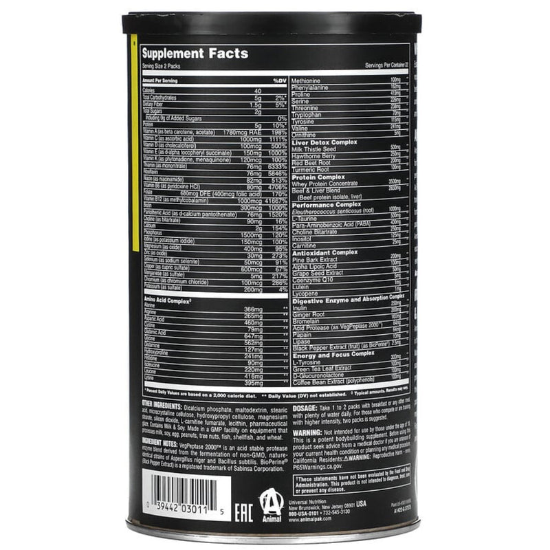 Universal Animal Pak (44 packs) supplement facts of ingredients. The “Ultimate Training Pack” is far more than a mere multivitamin, but is the trusted, sturdy foundation upon which the most dedicated bodybuilders and powerlifters have built their nutritional regimens.