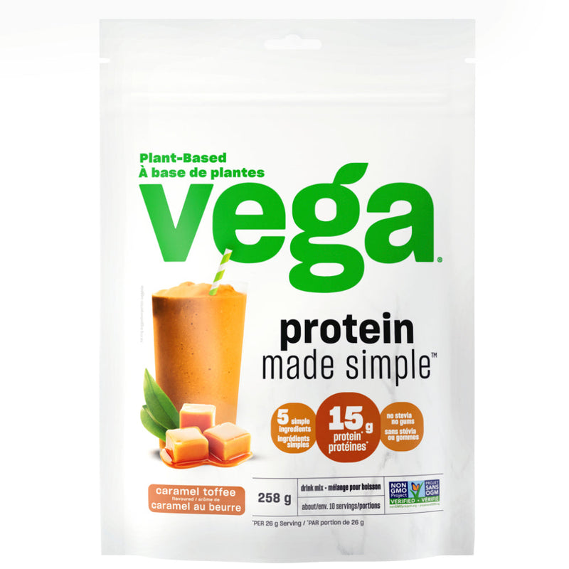 Buy Now! Vega Protein made Simple (10 servings) Caramel Toffee. While both protein powders offer 15g of plant-based protein per serving, Vega® Protein Made Simple is our most, well, simple shake with 8 or less ingredients.